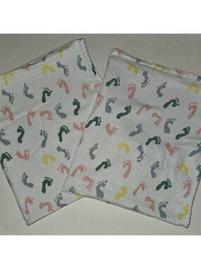 2 VTG Standard Textile Receiving Blanket Lot Footprints Pink Yellow Green Blue